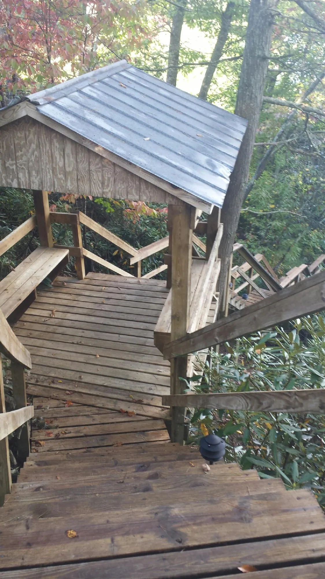 Metal roofed shelter over wooden steps on a wooded walkway — Skylight Repair & Installation work by our crew in San Martin